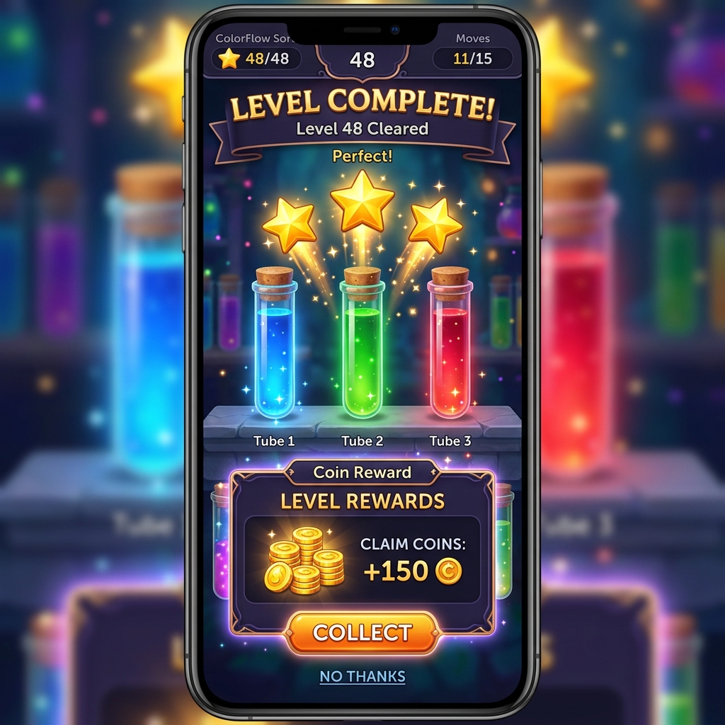 ColorFlow Sort Level Completed rewards screen
